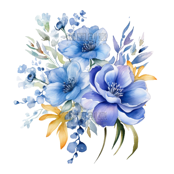 春天水彩植物花朵蓝色花束元素免抠图案