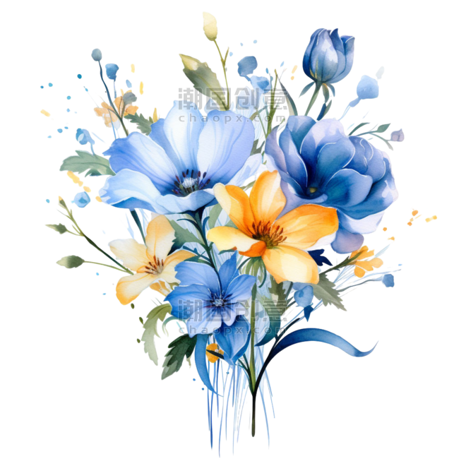 创意春天水彩植物花朵蓝色花束元素免抠图案