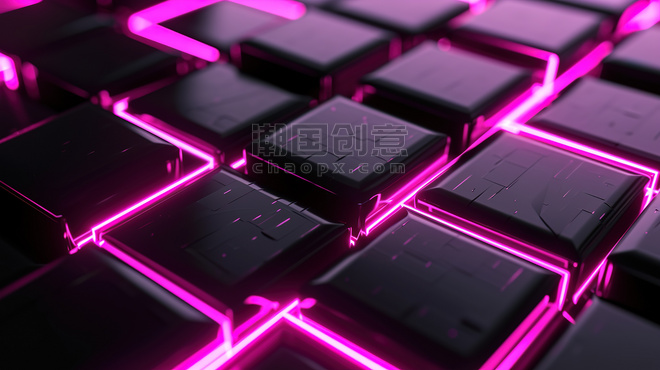 创意黑色金属镶嵌粉红色发光科技粉色抽象几何方块背景