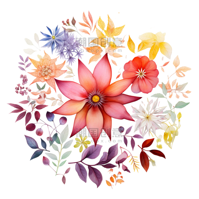 创意绘画彩色花团春天元素水彩植物花朵免抠图案
