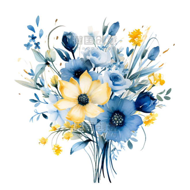 创意装饰蓝色花束元素水彩蓝色春天花朵免抠图案