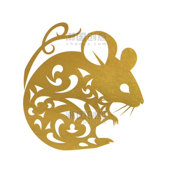 创意金色纹理动物金箔款十二生肖子鼠剪纸元素