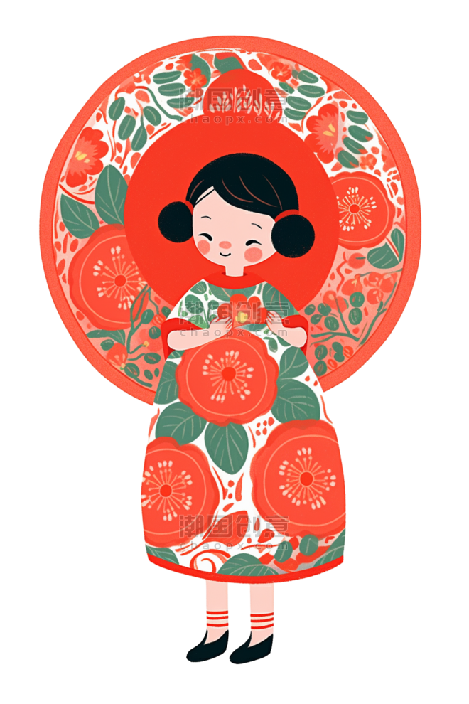 春节大吉大利创意迎新年剪纸元素女孩红色简笔画手绘