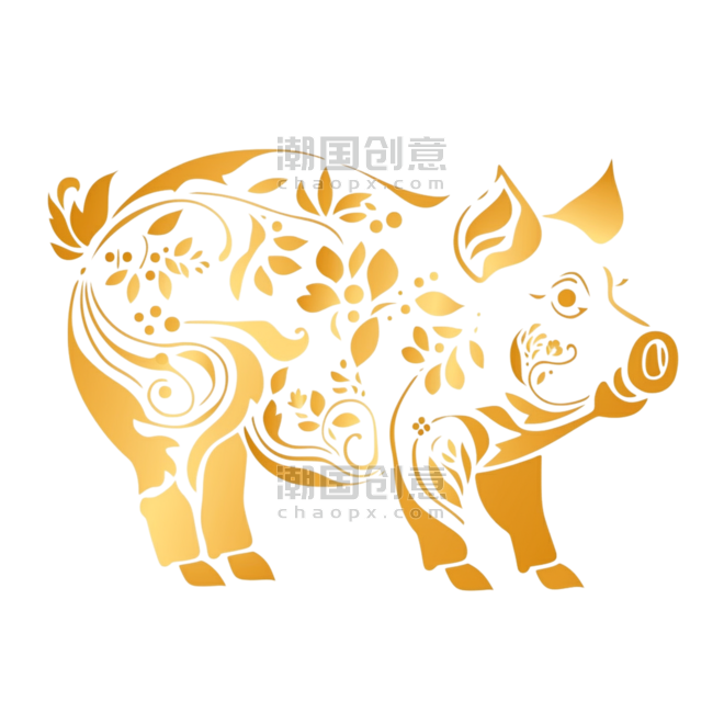 金色纹理动物创意十二生肖猪金箔元素手绘