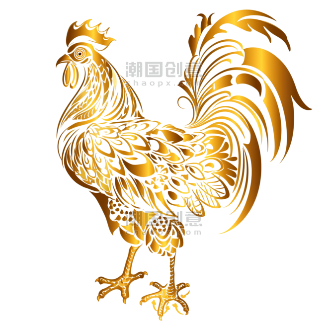 金色纹理动物剪纸风创意十二生肖剪纸公鸡金箔元素手绘