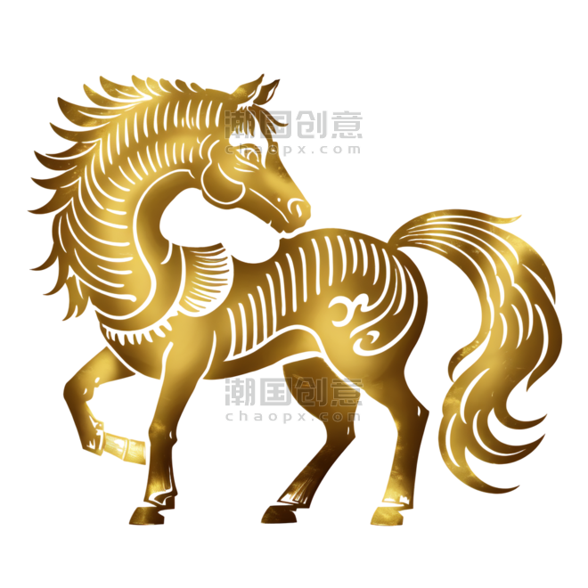 创意新年骏马剪纸风金色金色纹理动物马匹
