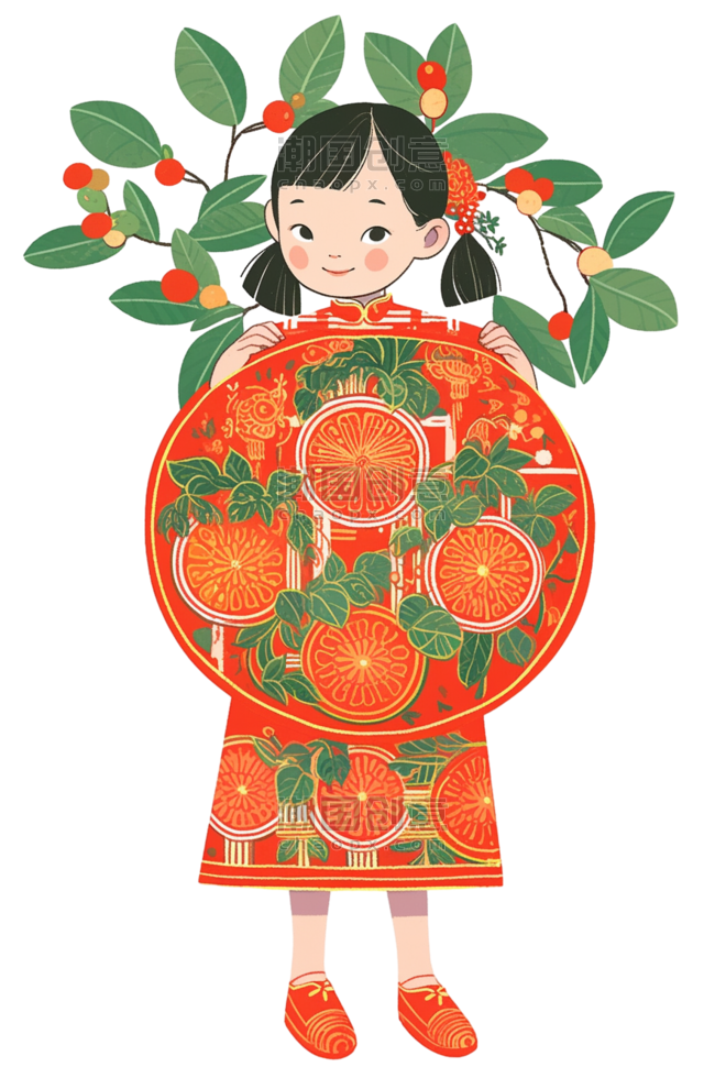创意元素迎新年剪纸女孩春节大吉大利红色简笔画手绘