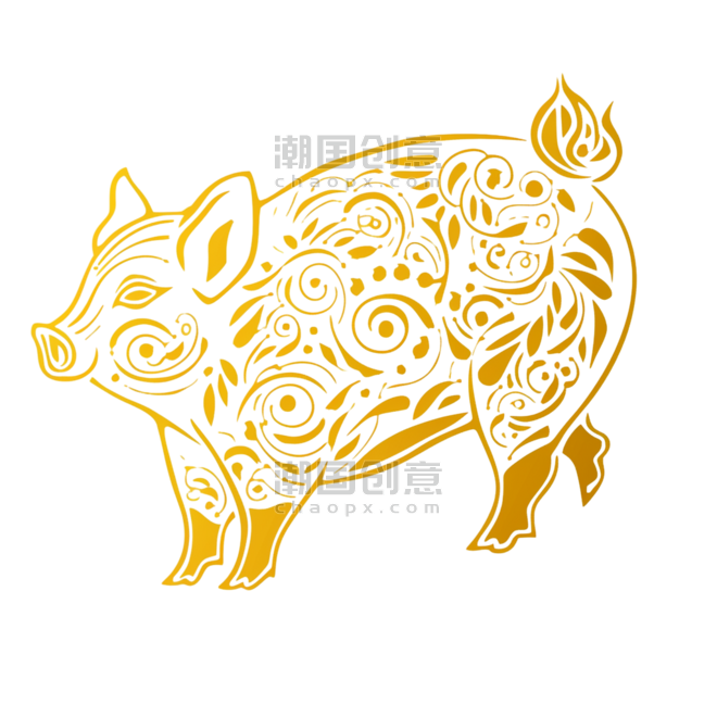 金色纹理动物创意十二生肖小猪金箔元素手绘