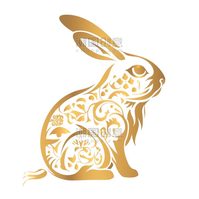 金色纹理动物剪纸风创意十二生肖兔金箔元素手绘