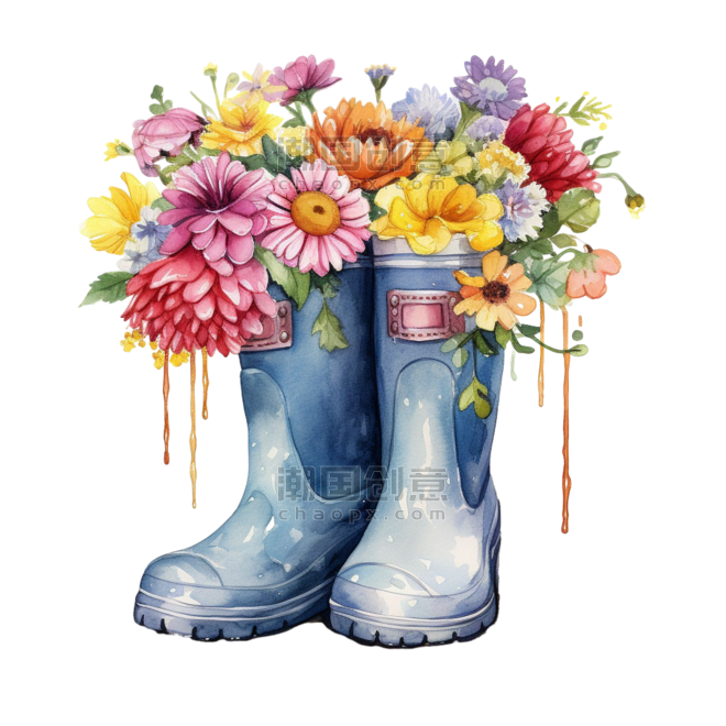 创意建模艺术水彩可爱雨鞋花朵胶鞋元素免抠图案