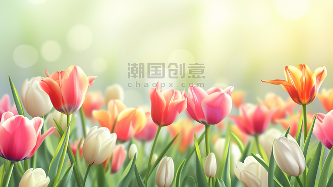 创意春天春季花朵植物郁金香里户外阳光下草坪上花朵开放的背景15