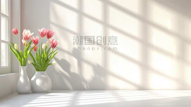 文艺春季花朵植物郁金香创意简约唯美白色花瓶里插花的背景3