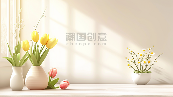 创意简约唯美春天春季花朵植物郁金香白色花瓶里插花的背景13