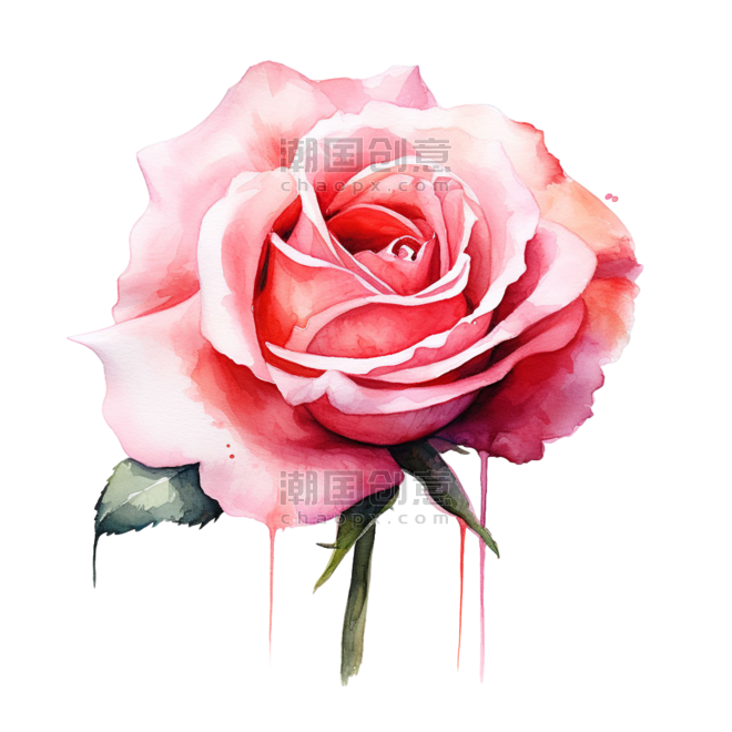 创意质感花朵粉色玫瑰花水彩植物元素免抠图案