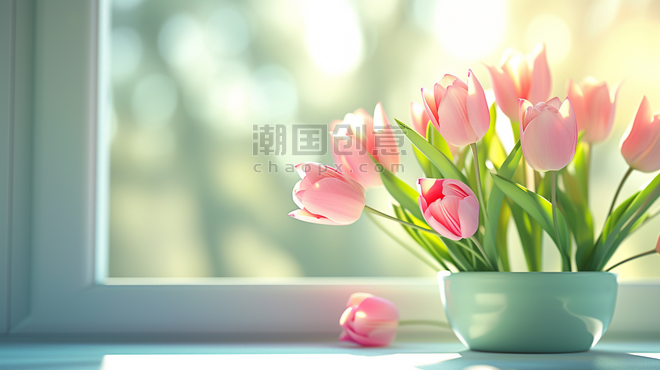 创意春天植物郁金香窗台上阳光照射下美丽花朵背景14