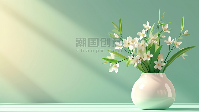 创意简约绿色墙面有花瓶花朵的背景图15