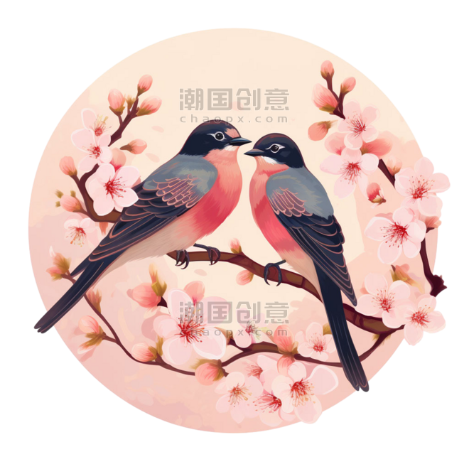 花鸟浪漫樱花桃花创意特色春天小鸟元素免抠图案