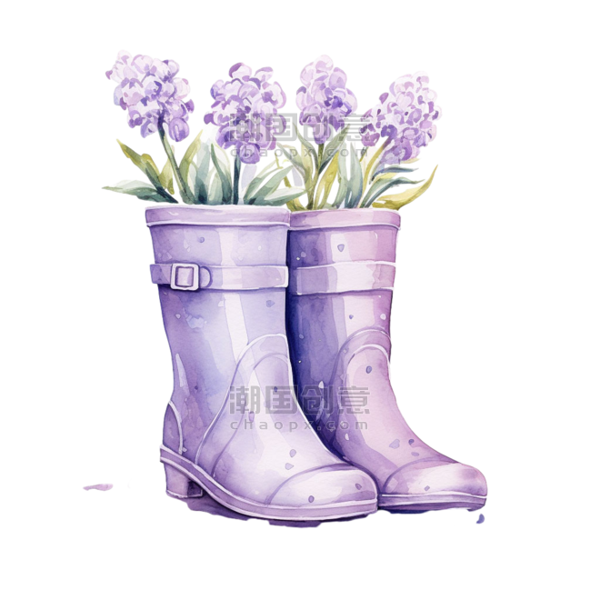 创意水彩可爱紫色花朵胶鞋元素免抠图案