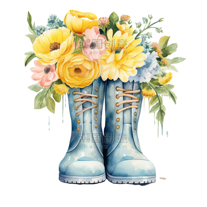 创意ai艺术水彩可爱雨鞋花朵胶鞋元素免抠图案