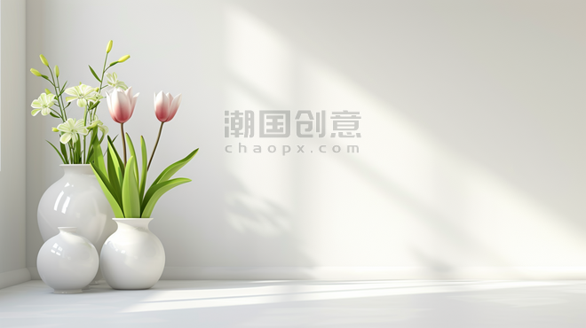 创意春天植物郁金香白色简约花瓶里插花朵的背景12