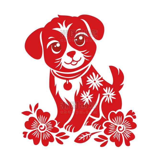 创意红色剪纸风传统十二生肖狗窗花