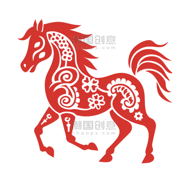 创意红色剪纸风传统十二生肖马免抠窗花
