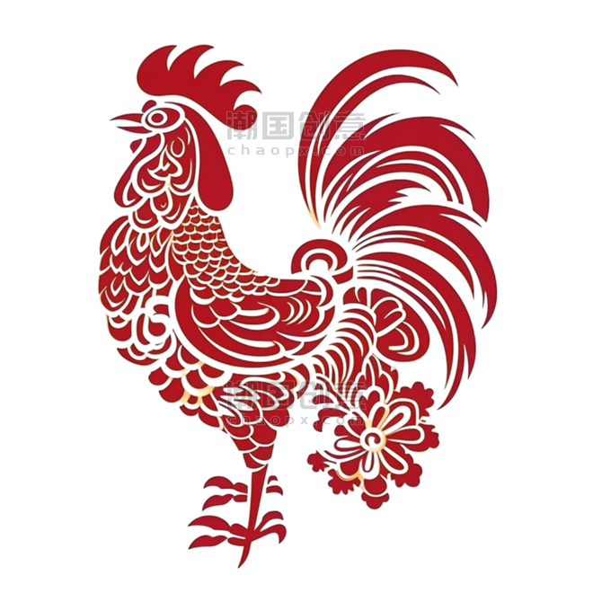 创意红色窗花动物剪纸风传统十二生肖鸡设计