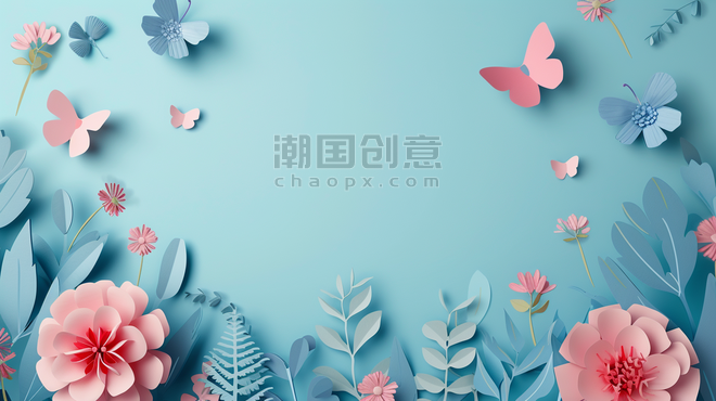 创意简约粉蓝色场景平铺花朵花瓣的春天剪纸蝴蝶背景图6