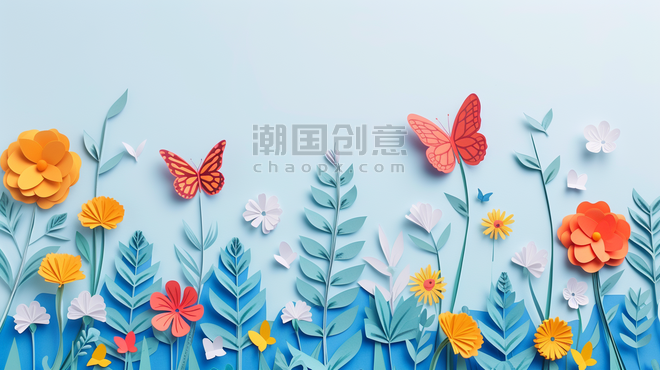 创意春天剪纸蝴蝶简约粉蓝色场景平铺花朵花瓣的背景图17