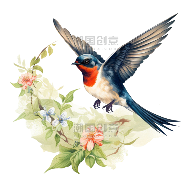 创意简单花朵小鸟元素中国风花鸟春天喜鹊燕子免抠图案