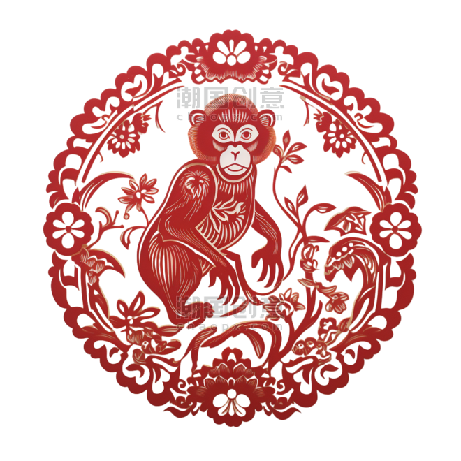 创意红色窗花动物剪纸风传统十二生肖猴免抠