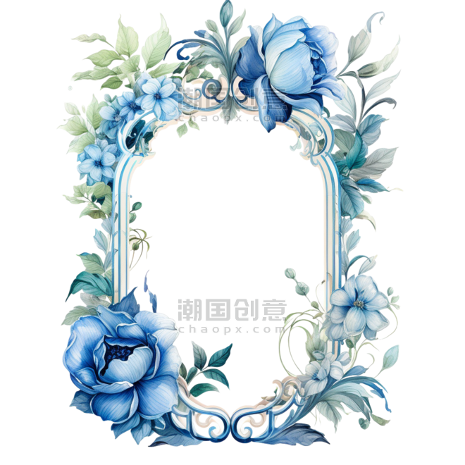 创意水彩植物头像框边框春天造型蓝色画框元素免抠图案