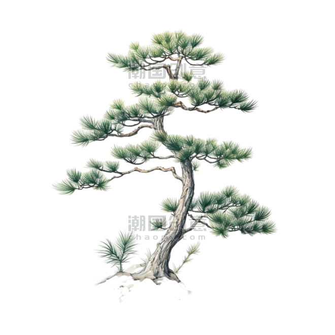 松树植物中国风水墨树木元素免抠图案