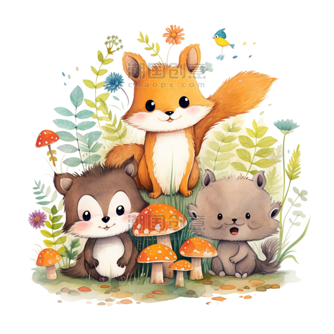 创意小动物绘本可爱童话松鼠素材丛林伙伴元素免抠图案