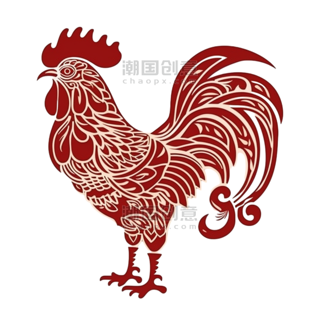 创意红色剪纸风传统十二生肖鸡窗花动物