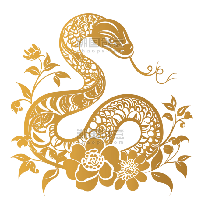 创意金色剪纸风传统十二生肖蛇金箔动物png