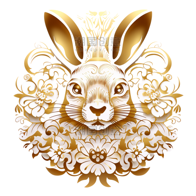 创意金箔动物金色剪纸风传统十二生肖兔子免抠素材