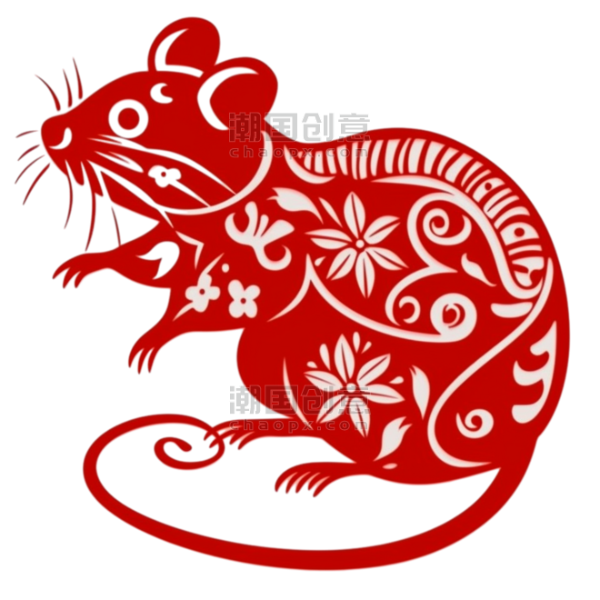 创意红色窗花动物传统剪纸十二生肖鼠素材