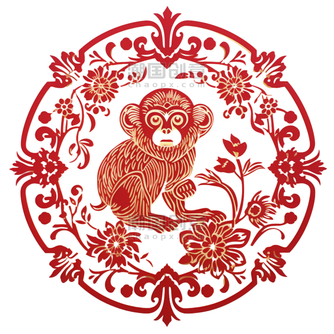 创意红色剪纸风传统十二生肖猴元素窗花