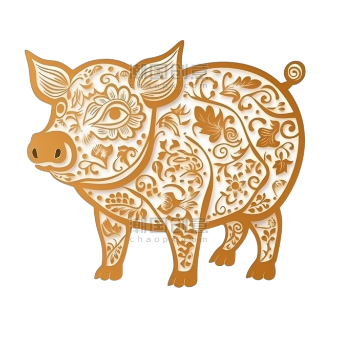 创意金色剪纸风传统十二生肖猪金箔动物PNG素材
