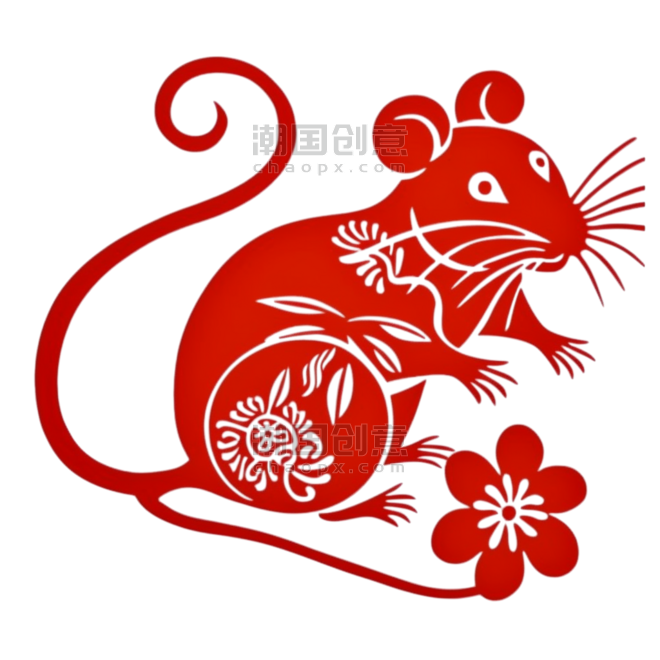 创意红色传统剪纸十二生肖鼠窗花动物设计