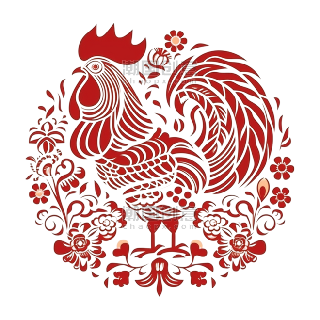 创意红色窗花动物剪纸风传统十二生肖鸡PNG素材