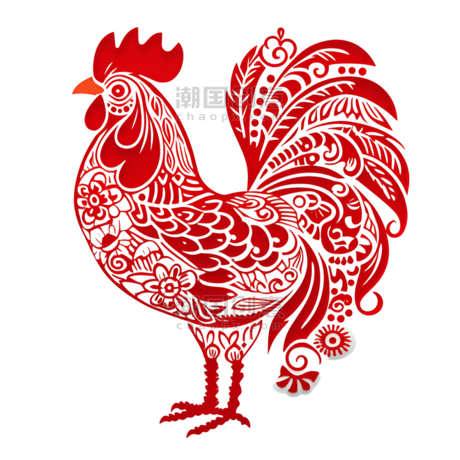 创意红色剪纸风传统窗花动物十二生肖鸡PNG素材