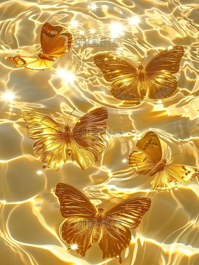 创意浪漫壁纸金色水面上闪闪发光橙色的蝴蝶原创插画