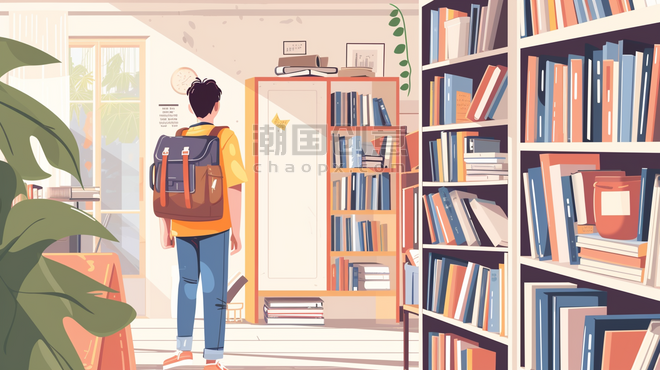 创意教育图书馆看书学习扁平化手绘彩色男士背包的插画10