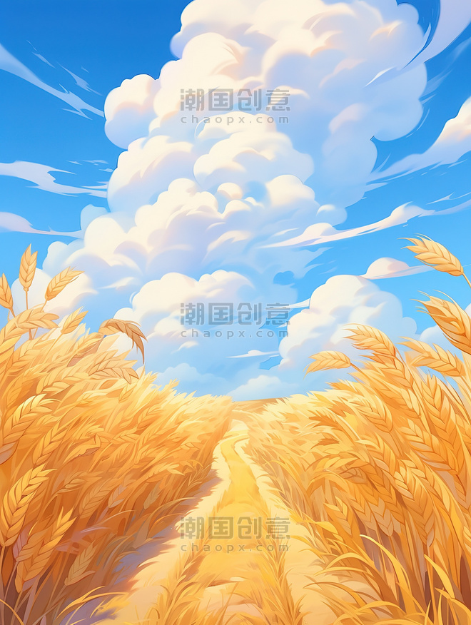 创意蓝天白云的映衬金色的麦浪麦田丰收素材