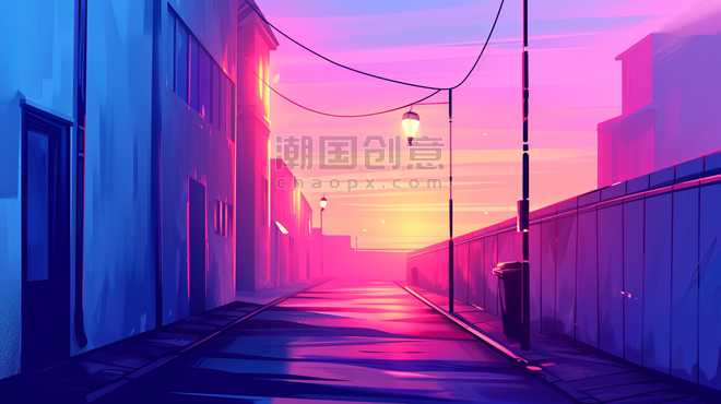 创意夕阳紫色天空唯美浪漫落日下的田园风光插画9