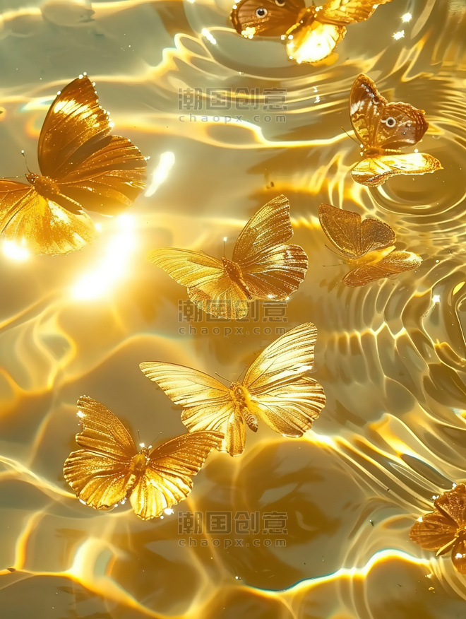 创意水面上闪闪发光橙色的蝴蝶金色浪漫壁纸插画设计