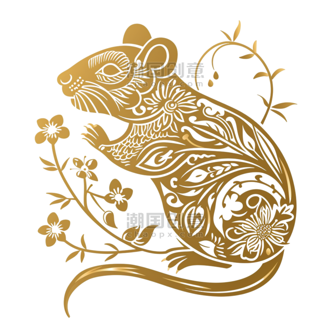 创意金色传统剪纸十二生肖鼠金箔动物png图片