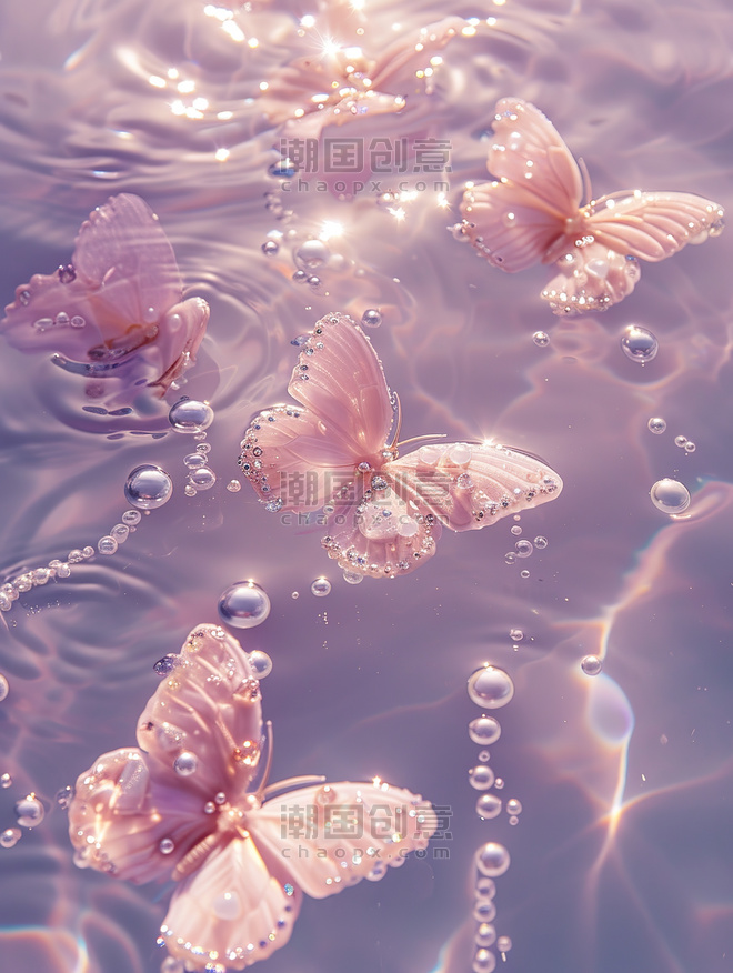 紫色浪漫壁纸创意水池中珍珠水晶蝴蝶淡粉色插画素材